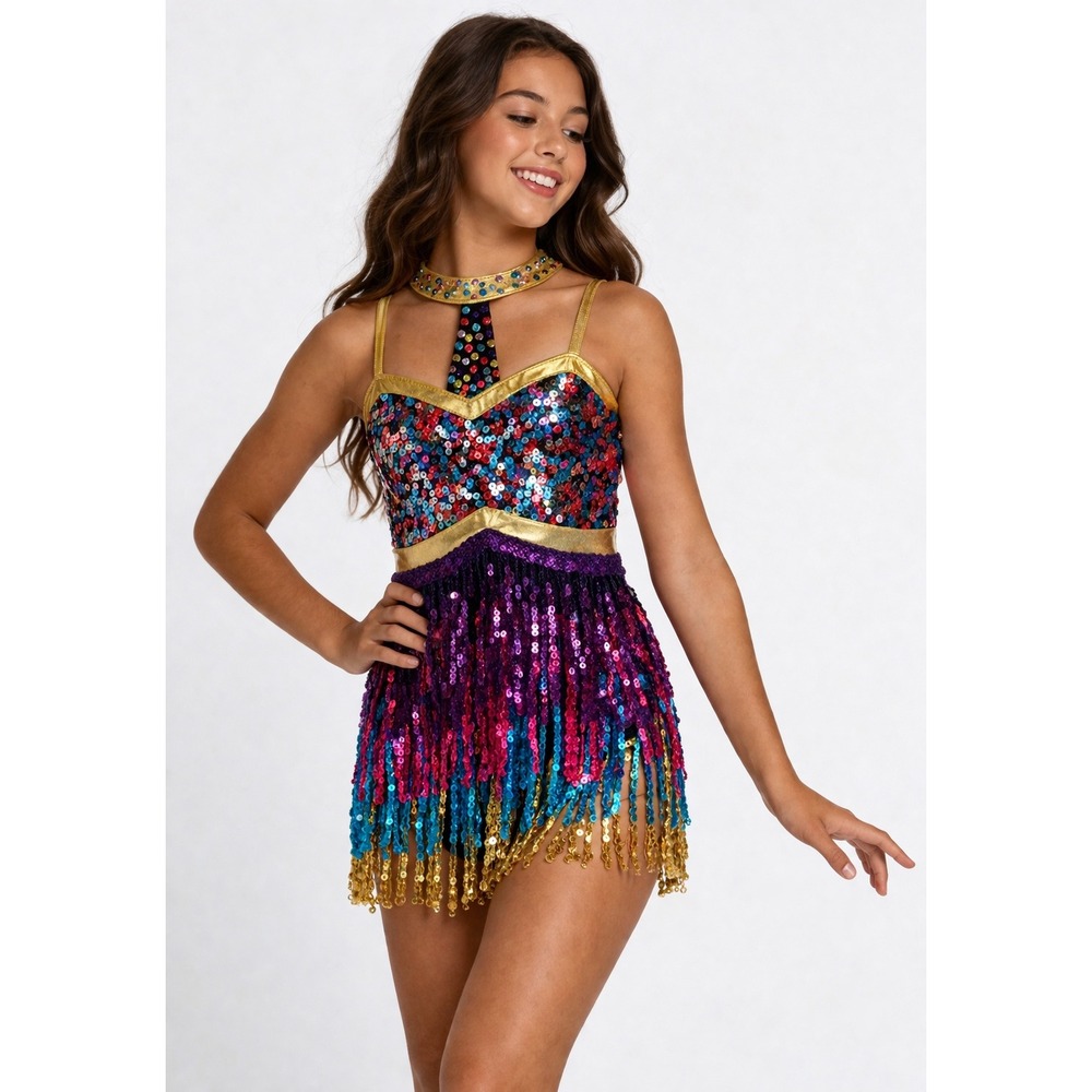 Glamour Costumes Dance Leotard Kids LC Gold Multi Sequin Fringe Halter T-Strap